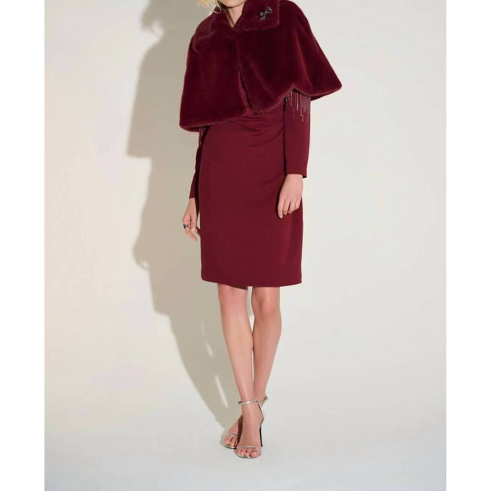 NEW JOSEPH RIBKOFF faux fur cropped cape jacket in merlot